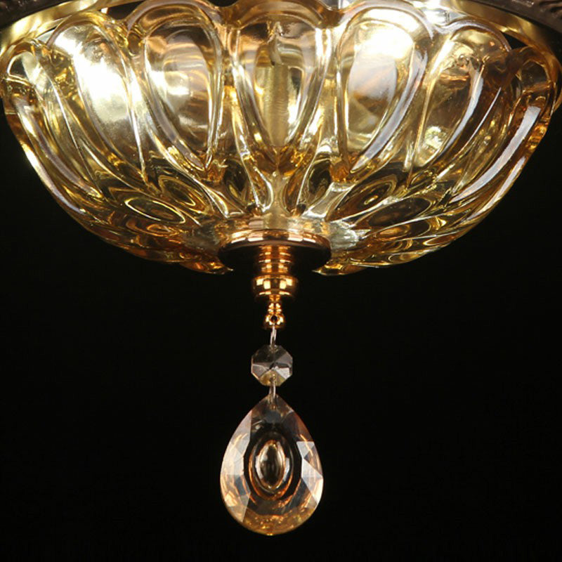 3 Lights Bowl Flush Ceiling Light Retro Amber Glass Flush Mount Fixture with Crystal Drop Clearhalo 'Ceiling Lights' 'Close To Ceiling Lights' 'Close to ceiling' 'Flush mount' Lighting' 2364473