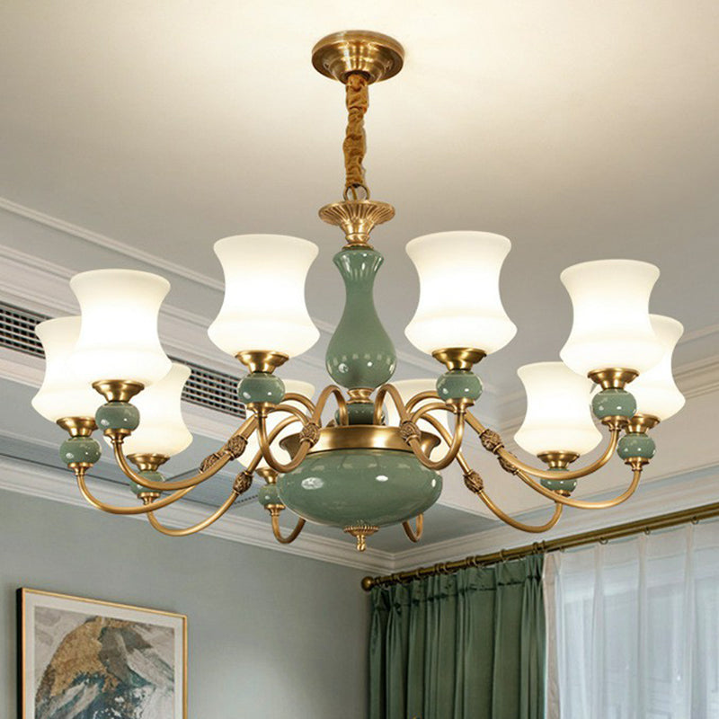 Retro Vase Up Chandelier Opal Frosted Glass Hanging Light in Emerald Green-Gold for Dining Room Clearhalo 'Ceiling Lights' 'Chandeliers' Lighting' 2364475