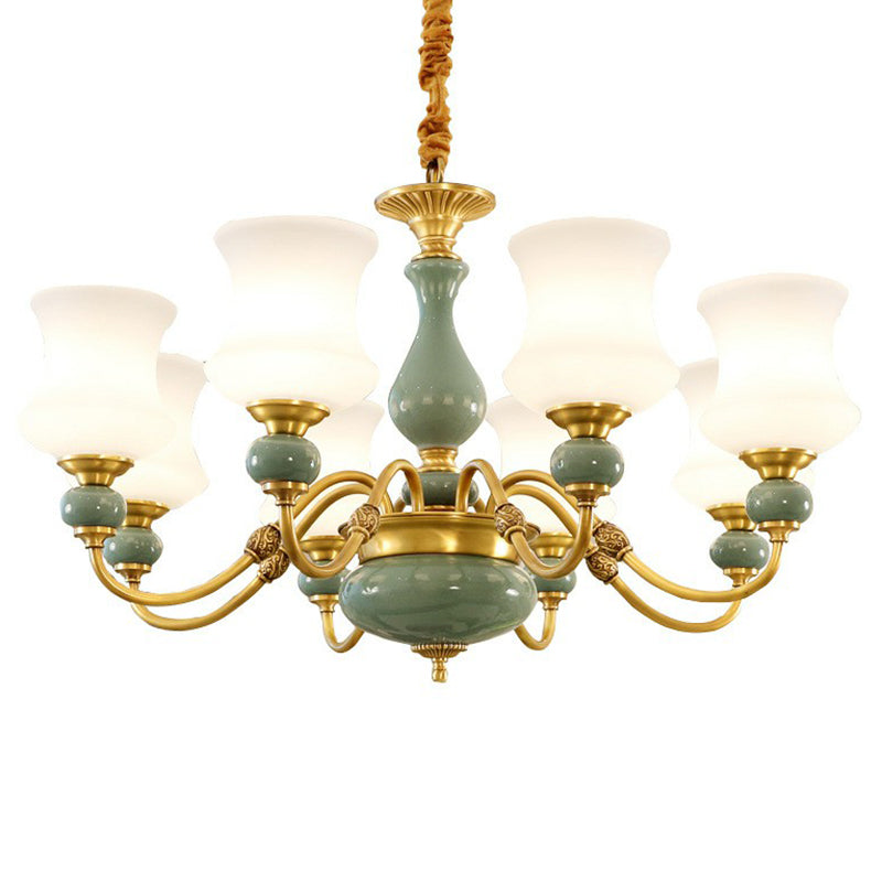 Retro Vase Up Chandelier Opal Frosted Glass Hanging Light in Emerald Green-Gold for Dining Room Clearhalo 'Ceiling Lights' 'Chandeliers' Lighting' 2364479