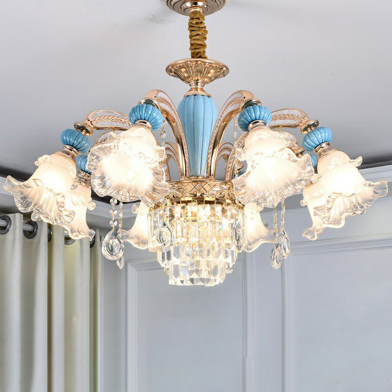 Frosted White Glass Floral Chandelier Antiqued Bedroom Hanging Ceiling Light in Blue Clearhalo 'Ceiling Lights' 'Chandeliers' Lighting' 2364490