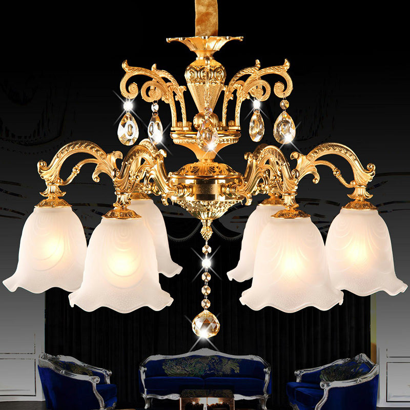 Gold Flower Down Lighting Traditional Cream Glass 6 Heads Dining Room Chandelier with Crystal Teardrops Gold Clearhalo 'Ceiling Lights' 'Chandeliers' Lighting' 2364498