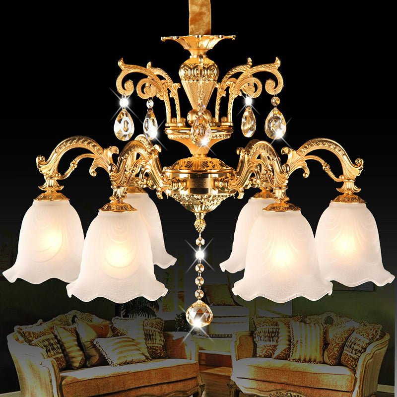 Gold Flower Down Lighting Traditional Cream Glass 6 Heads Dining Room Chandelier with Crystal Teardrops Clearhalo 'Ceiling Lights' 'Chandeliers' Lighting' 2364499