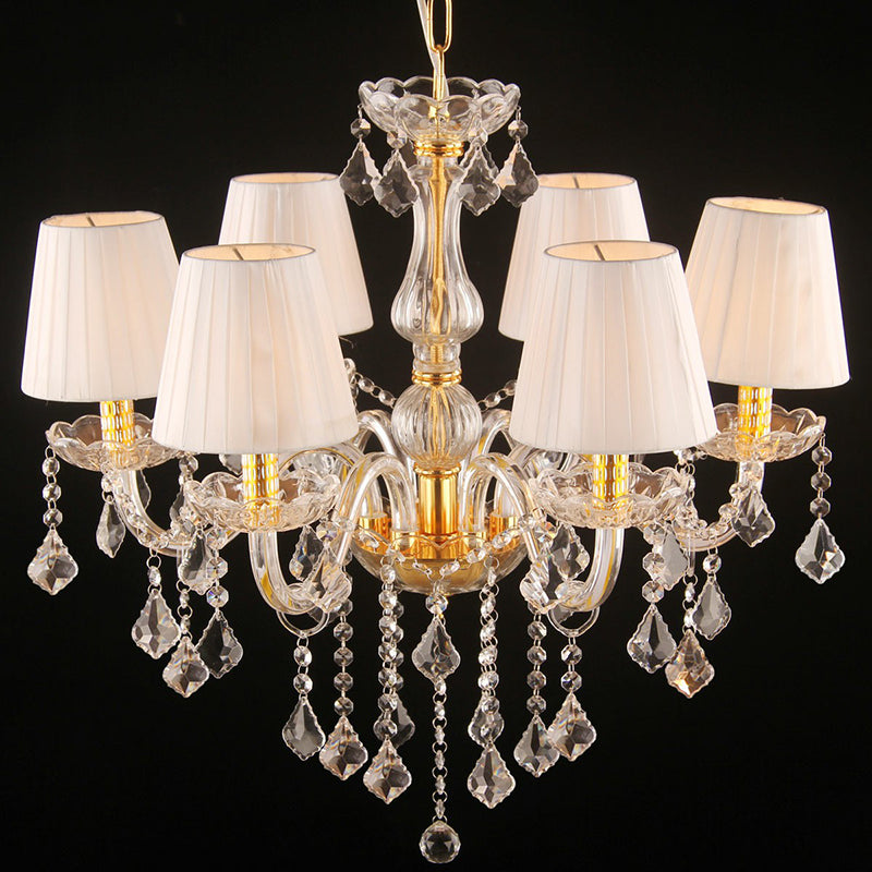 Pleated Fabric White Chandelier Empire Shade Transitional Pendant Light with Crystal Pendalogues 8 Gold Clearhalo 'Ceiling Lights' 'Chandeliers' Lighting' 2364505