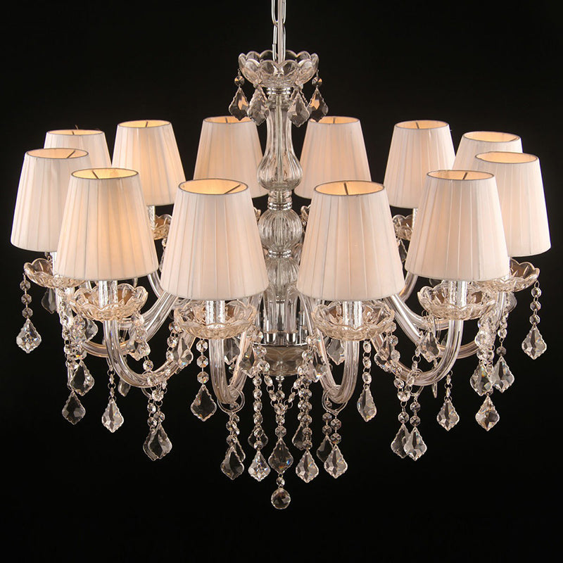 Pleated Fabric White Chandelier Empire Shade Transitional Pendant Light with Crystal Pendalogues 12 Chrome Clearhalo 'Ceiling Lights' 'Chandeliers' Lighting' 2364511