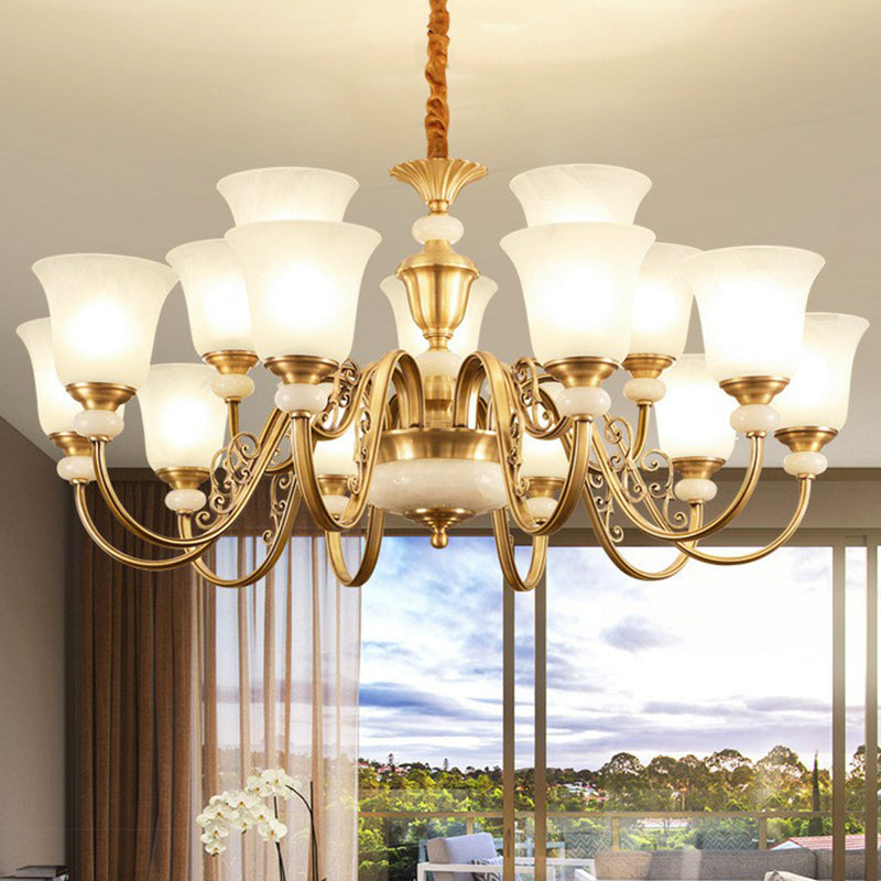 Bell Shaped Restaurant Suspension Lighting Colonial Style Frosted Glass Brass Chandelier Light Fixture Clearhalo 'Ceiling Lights' 'Chandeliers' Lighting' 2364515