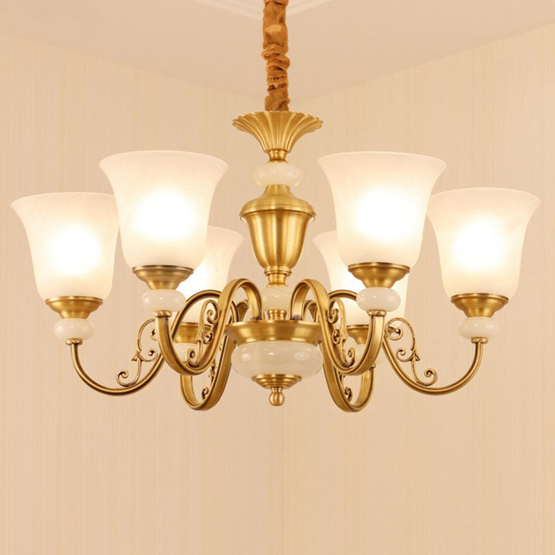 Bell Shaped Restaurant Suspension Lighting Colonial Style Frosted Glass Brass Chandelier Light Fixture 6 Brass Clearhalo 'Ceiling Lights' 'Chandeliers' Lighting' 2364521