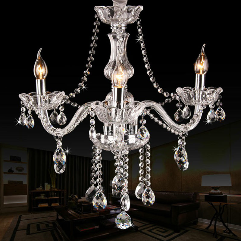 Victorian Style Candle Chandelier 3-Head Clear Glass Hanging Light with Crystal Strand Clear Clearhalo 'Ceiling Lights' 'Chandeliers' 'Glass shade' 'Glass' Lighting' 2364548