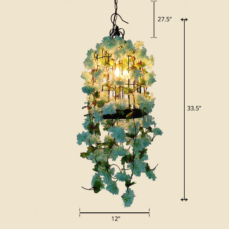 Chandelier Lamp Industrial Cage Iron Pendant Light Fixture with Faux Plant Decor Blue Clearhalo 'Cast Iron' 'Ceiling Lights' 'Chandeliers' 'Industrial Chandeliers' 'Industrial' 'Metal' 'Middle Century Chandeliers' 'Rustic Chandeliers' 'Tiffany' Lighting' 2364674