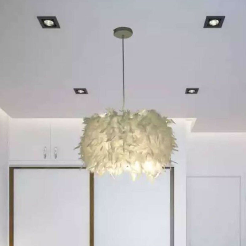 Cylindrical Feather Drop Pendant Minimalist 1-Light White Hanging Light for Dining Room Clearhalo 'Ceiling Lights' 'Modern Pendants' 'Modern' 'Pendant Lights' 'Pendants' Lighting' 2365054