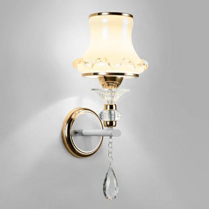 Flared Living Room Wall Light Vintage Frosted Glass Champagne Wall Sconce with Crystal Accents 1.0 Champagne Clearhalo 'Wall Lamps & Sconces' 'Wall Lights' Lighting' 2365079