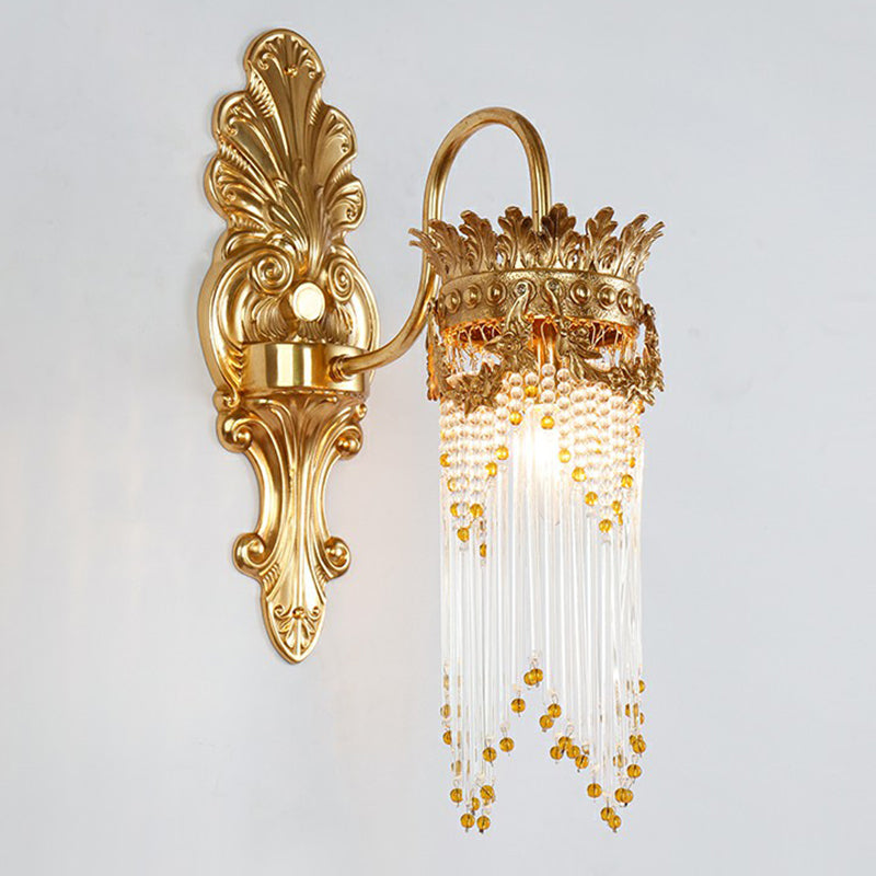 Gold Crown Shaped Wall Light Traditional Metal Living Room Sconce Lamp with Crystal Fringe 1.0 Gold Clearhalo 'Wall Lamps & Sconces' 'Wall Lights' Lighting' 2365087