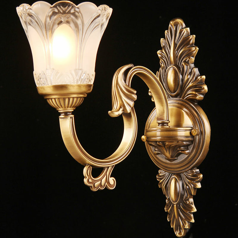 Single-Bulb Floral Wall Sconce Traditional Bronze Frosted White Glass Wall Light for Aisle Bronze Clearhalo 'Wall Lamps & Sconces' 'Wall Lights' Lighting' 2365097