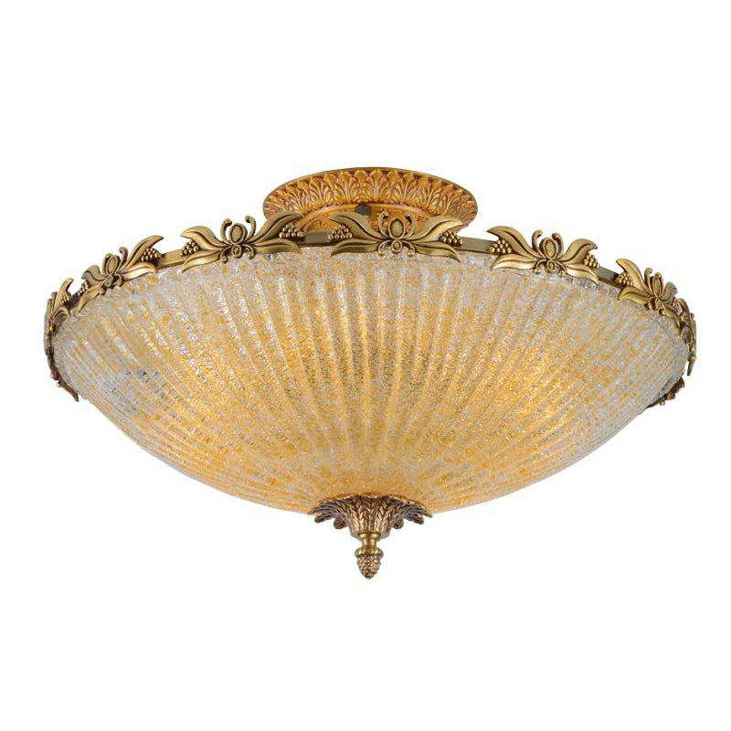 Antiqued Bowl Shaped Flush Light Clear Variegated Glass Semi Mount Lighting in Brass Clear 20.5