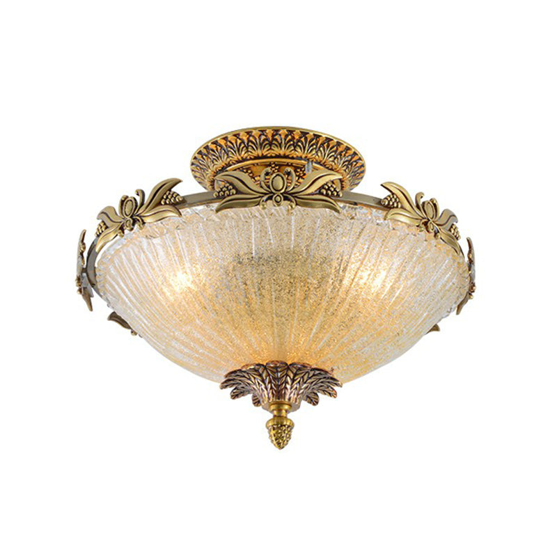 Antiqued Bowl Shaped Flush Light Clear Variegated Glass Semi Mount Lighting in Brass Clear 12.5