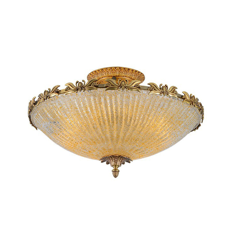 Antiqued Bowl Shaped Flush Light Clear Variegated Glass Semi Mount Lighting in Brass Clear 16.5