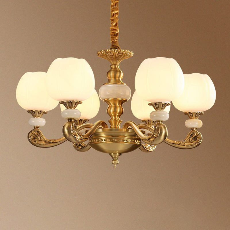 6-Bulb Chandelier Lighting Traditional Ivory Glass Flowerbud Hanging Ceiling Light in Gold Gold Clearhalo 'Ceiling Lights' 'Chandeliers' Lighting' options 2365166_f2d044d8-b108-4a15-8e0d-a77d90416690