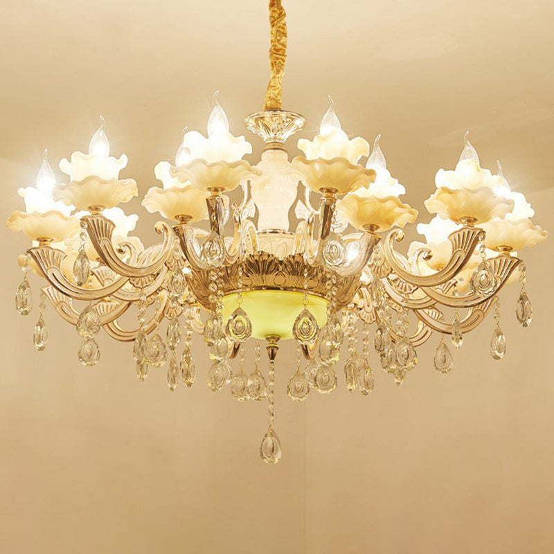 White Faux Candle Chandelier Light Traditional Frosted Glass Living Room Pendant with Crystal Deco Clearhalo 'Ceiling Lights' 'Chandeliers' Lighting' options 2365181
