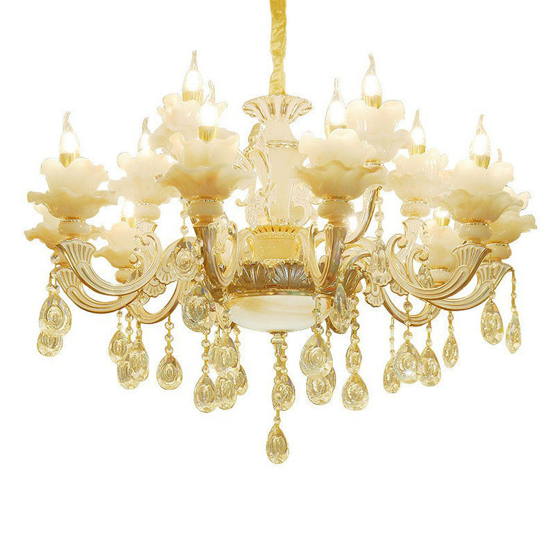 White Faux Candle Chandelier Light Traditional Frosted Glass Living Room Pendant with Crystal Deco Clearhalo 'Ceiling Lights' 'Chandeliers' Lighting' options 2365187