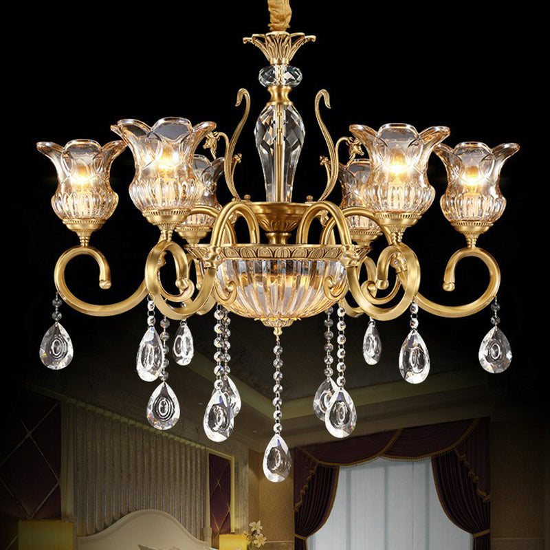 Flower Living Room Hanging Lamp Retro Clear Crystal Glass Brass Chandelier Light Fixture Clearhalo 'Ceiling Lights' 'Chandeliers' Lighting' options 2365200