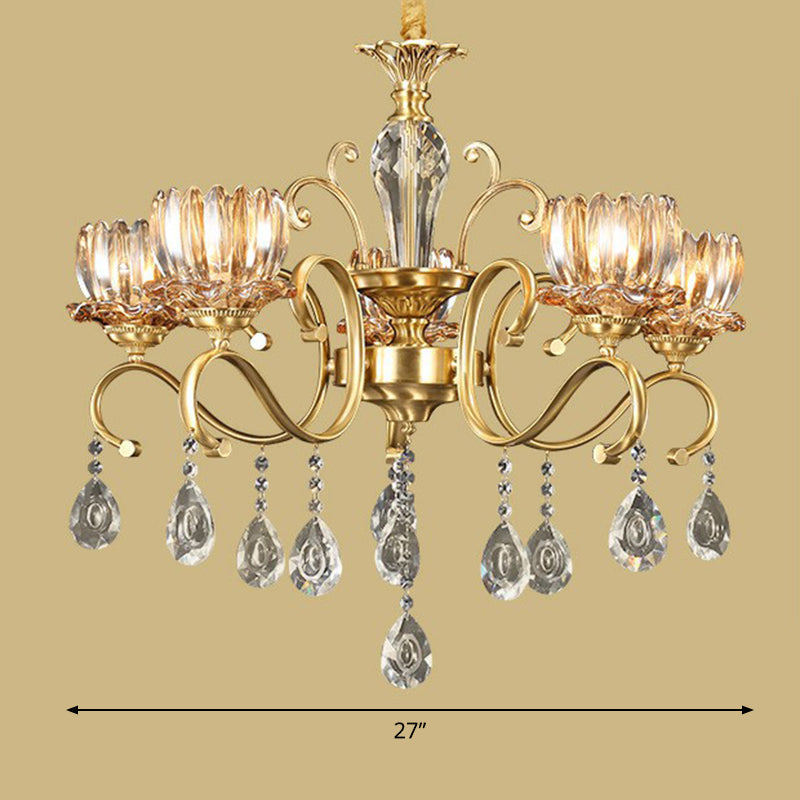 Flower Living Room Hanging Lamp Retro Clear Crystal Glass Brass Chandelier Light Fixture Clearhalo 'Ceiling Lights' 'Chandeliers' Lighting' options 2365208