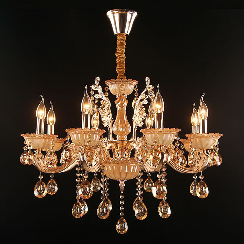 Amber Glass Candle Chandelier Lamp Traditional Living Room Suspension Light in Gold with Crystal Decor 8 Gold Clearhalo 'Ceiling Lights' 'Chandeliers' Lighting' 2365218