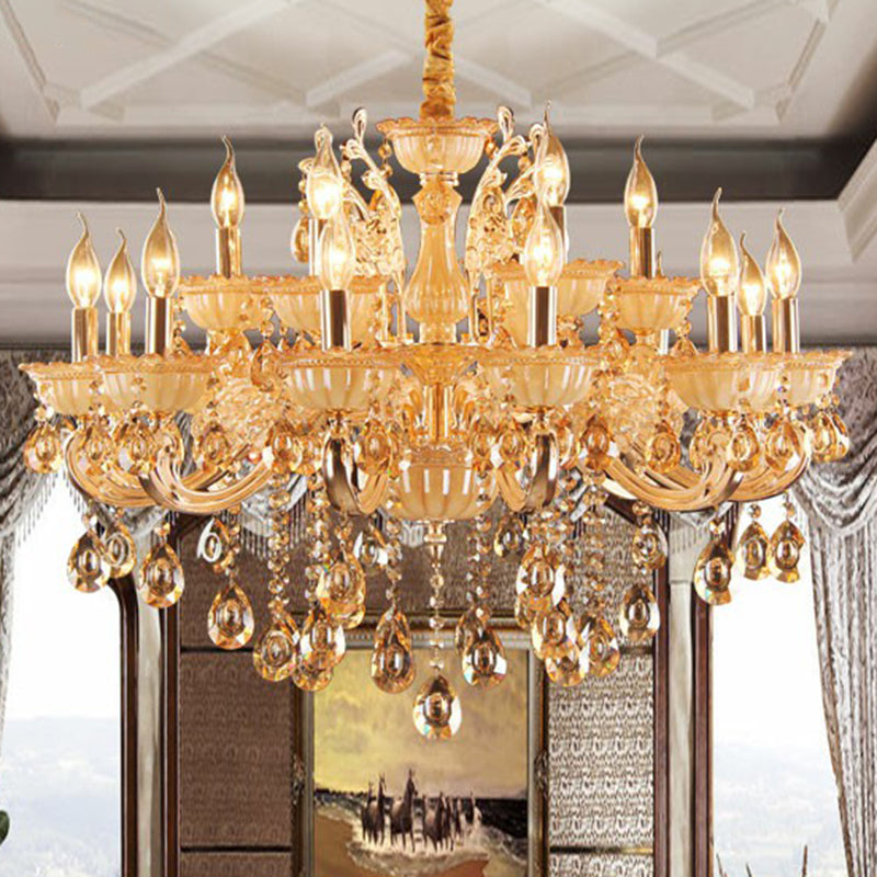 Amber Glass Candle Chandelier Lamp Traditional Living Room Suspension Light in Gold with Crystal Decor Clearhalo 'Ceiling Lights' 'Chandeliers' Lighting' 2365219