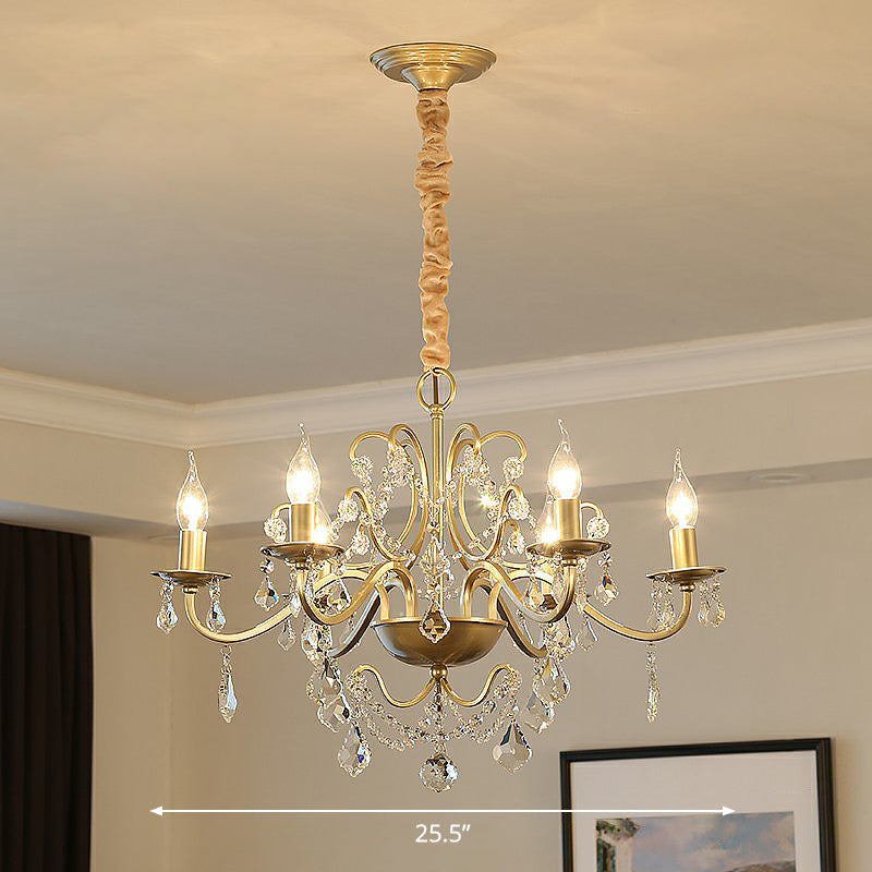 Metal Gold Finish Pendant Light Candlestick Traditional Chandelier with Crystal Decorations 6 Gold Shadeless Clearhalo 'Ceiling Lights' 'Chandeliers' Lighting' 2365229