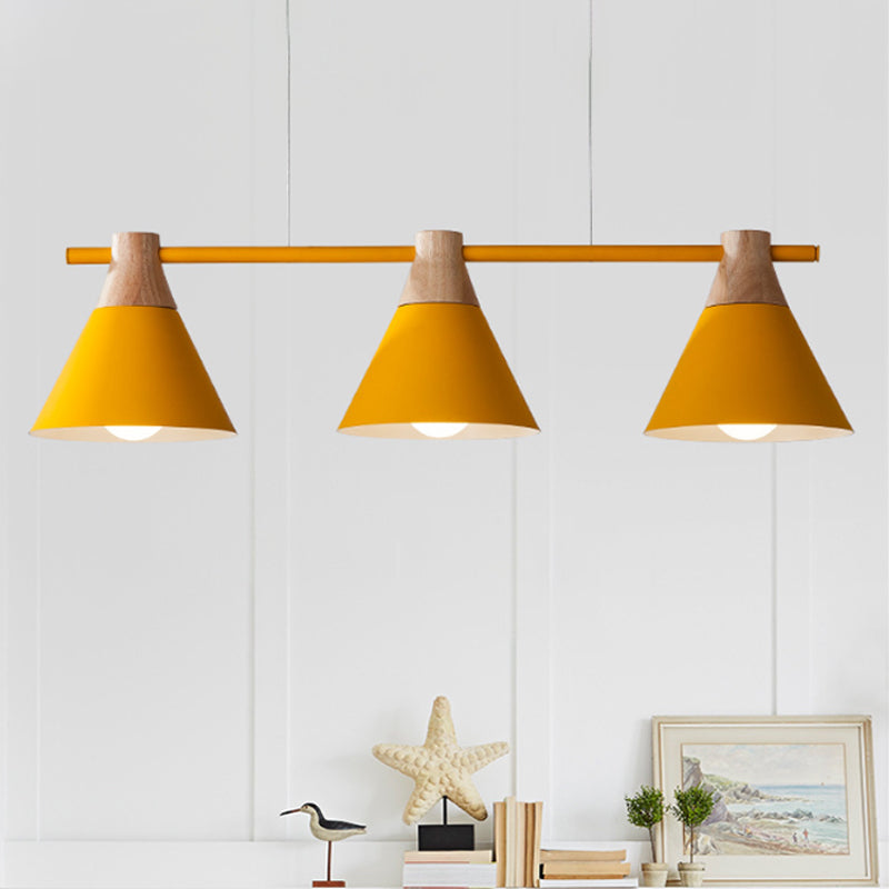 Triple Light Cone Shade Island Lighting Nordic Metal Hanging Chandelier in Green/Grey/Yellow for Kitchen Yellow Clearhalo 'Ceiling Lights' 'Island Lights' Lighting' 237045