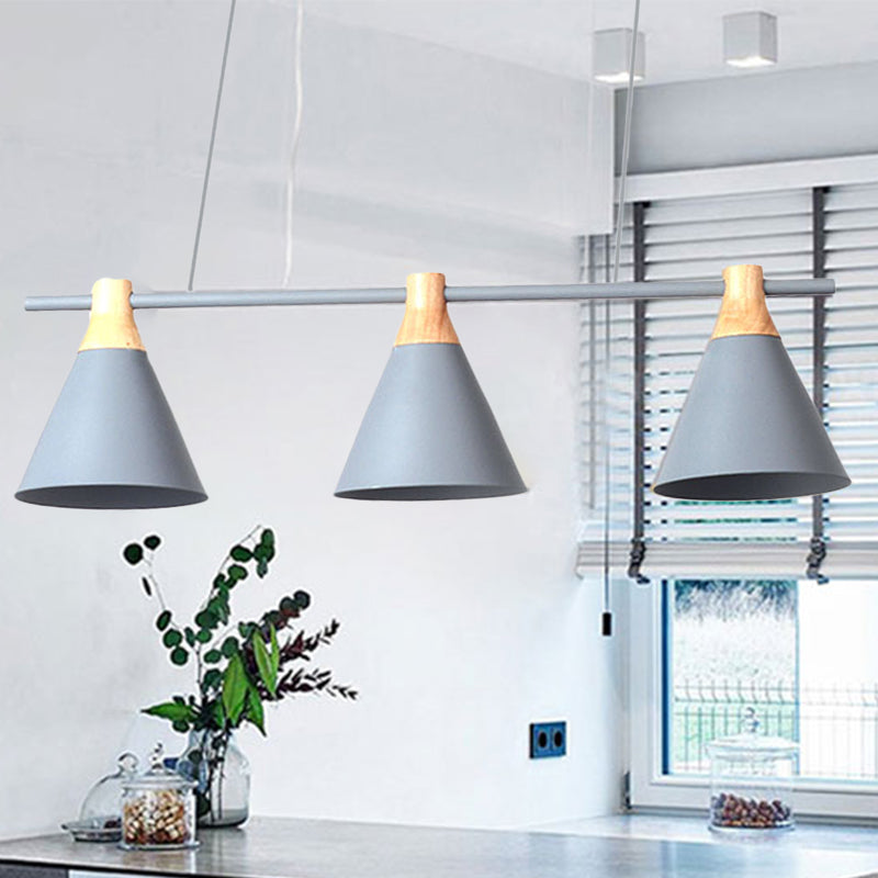 Triple Light Cone Shade Island Lighting Nordic Metal Hanging Chandelier in Green/Grey/Yellow for Kitchen Grey Clearhalo 'Ceiling Lights' 'Island Lights' Lighting' 237048
