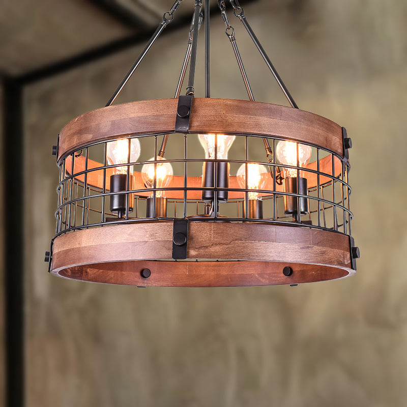 Drum Metal and Wood Hanging Fixture with Mesh Screen Lodge Style Multi Light Farmhouse Suspension Lamp in Brown Brown Clearhalo 'Cast Iron' 'Ceiling Lights' 'Chandeliers' 'Industrial Chandeliers' 'Industrial' 'Metal' 'Middle Century Chandeliers' 'Rustic Chandeliers' 'Tiffany' Lighting' 237312