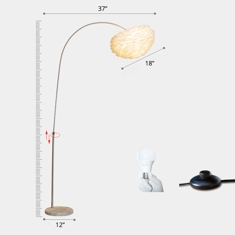 White Domed Floor Lighting Simple Single-Bulb Feather Stand Up Lamp with Extendable Fishing Rod Arm White 37