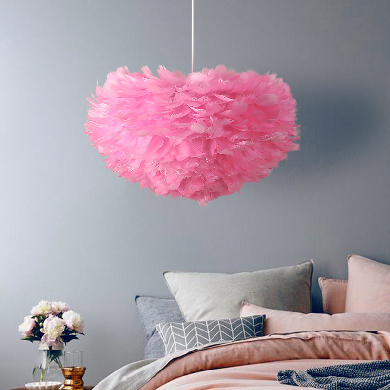 Half-Sphere Feather Suspension Lamp Nordic Style Chandelier Pendant Light for Bedroom Pink Clearhalo 'Ceiling Lights' 'Chandeliers' 'Modern Chandeliers' 'Modern' Lighting' 2373203