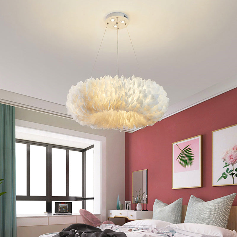 Ring Pendant Light Fixture Modernist Feather Bedroom Hanging Chandelier in White White Clearhalo 'Ceiling Lights' 'Chandeliers' 'Modern Chandeliers' 'Modern' Lighting' 2373206