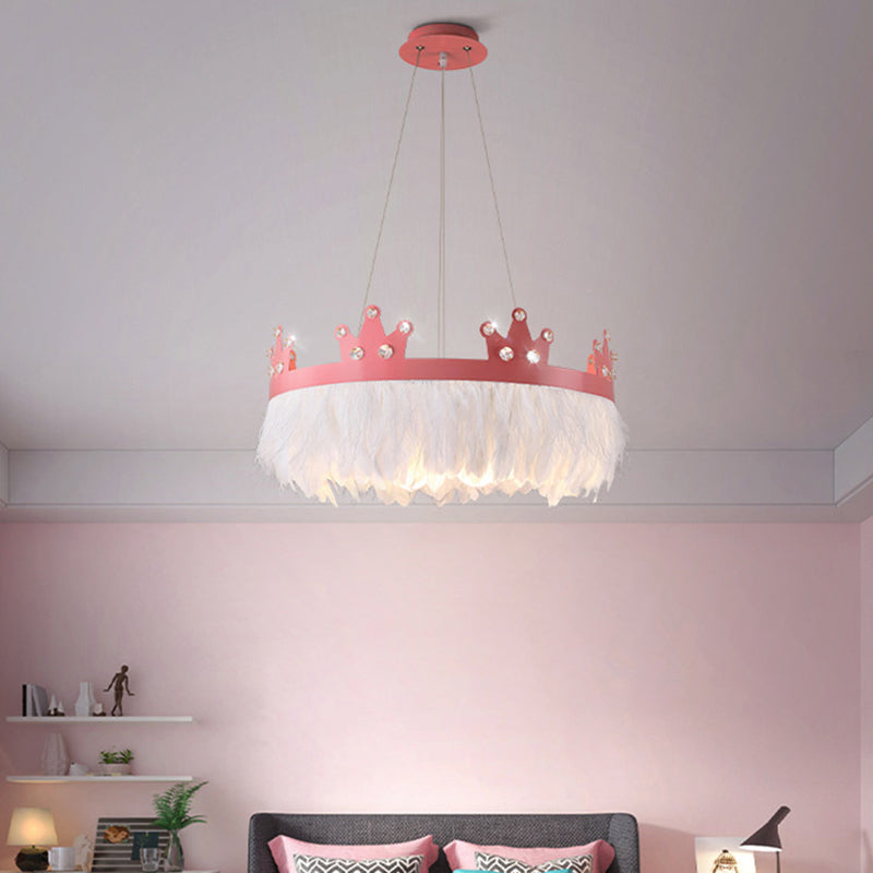 Crown Shaped Girls Room Chandelier Feather 2-Light Nordic Style Hanging Light Kit Pink 22