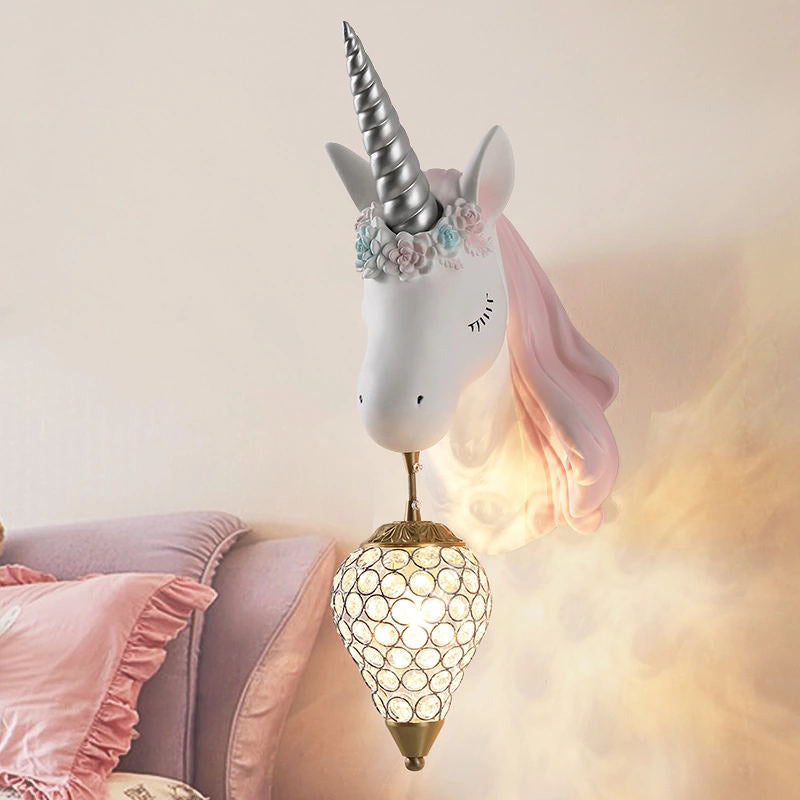 Crystal Droplet Wall Mount Light Cartoon 1-Bulb Sconce Fixture with Unicorn Deco for Kids Room Clearhalo 'Wall Lamps & Sconces' 'Wall Lights' Lighting' 2373221