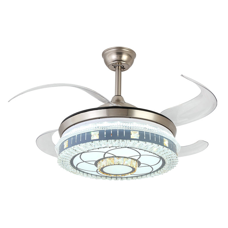 Crystal Round Hanging Fan Light Minimalist Blue Remote Control LED Semi Flush Light with 4 Blades, 42