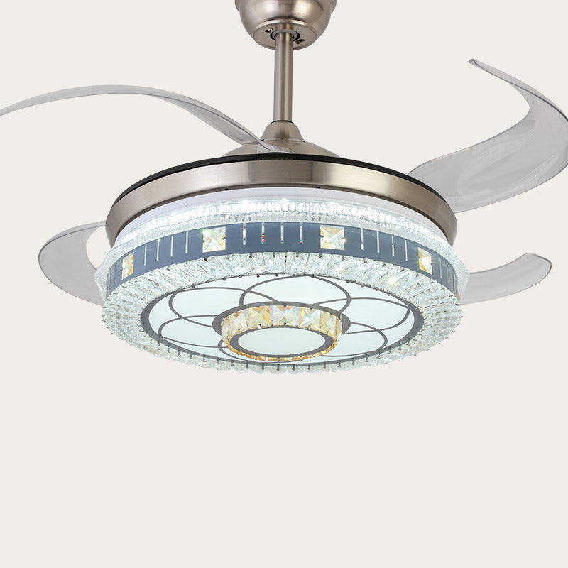 Crystal Round Hanging Fan Light Minimalist Blue Remote Control LED Semi Flush Light with 4 Blades, 42