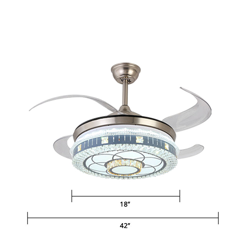 Crystal Round Hanging Fan Light Minimalist Blue Remote Control LED Semi Flush Light with 4 Blades, 42