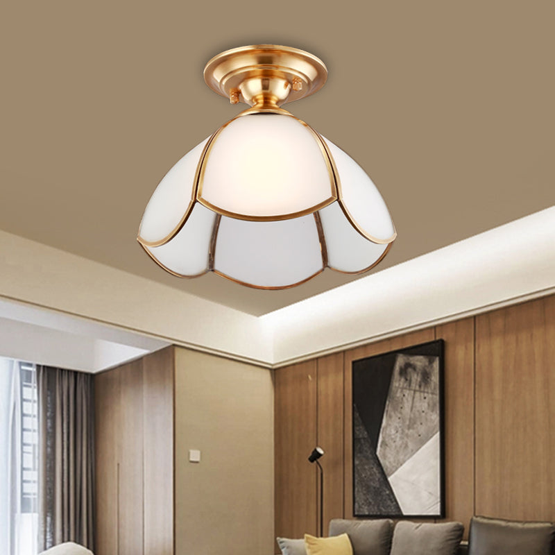 Dome Semi Flush Mount Tradition Opal Glass Brass 1 Bulb Ceiling Light Fixture for Bedroom Clearhalo 'Ceiling Lights' 'Chandeliers' 'Close To Ceiling Lights' 'Close to ceiling' 'Glass shade' 'Glass' 'Semi-flushmount' Lighting' 238082