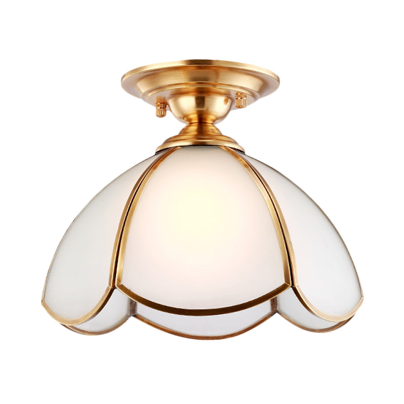 Dome Semi Flush Mount Tradition Opal Glass Brass 1 Bulb Ceiling Light Fixture for Bedroom Clearhalo 'Ceiling Lights' 'Chandeliers' 'Close To Ceiling Lights' 'Close to ceiling' 'Glass shade' 'Glass' 'Semi-flushmount' Lighting' 238083