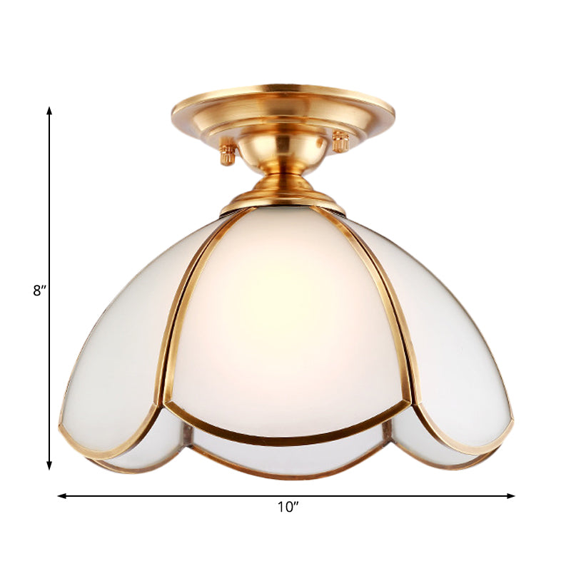 Dome Semi Flush Mount Tradition Opal Glass Brass 1 Bulb Ceiling Light Fixture for Bedroom Clearhalo 'Ceiling Lights' 'Chandeliers' 'Close To Ceiling Lights' 'Close to ceiling' 'Glass shade' 'Glass' 'Semi-flushmount' Lighting' 238084