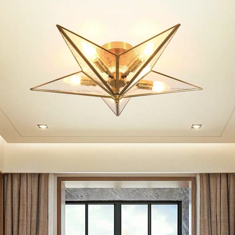 Textured Glass Star Flush Mount Traditional 5 Bulbs Brass Ceiling Mount Chandelier for Living Room Clearhalo 'Ceiling Lights' 'Close To Ceiling Lights' 'Close to ceiling' 'Flush mount' Lighting' 238199