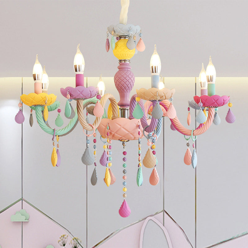 Candelabra Ceiling Chandelier Macaron Colorful Glass Kids Bedroom Pendant Light in Purple 8 Purple Clearhalo 'Ceiling Lights' 'Chandeliers' Lighting' 2384621