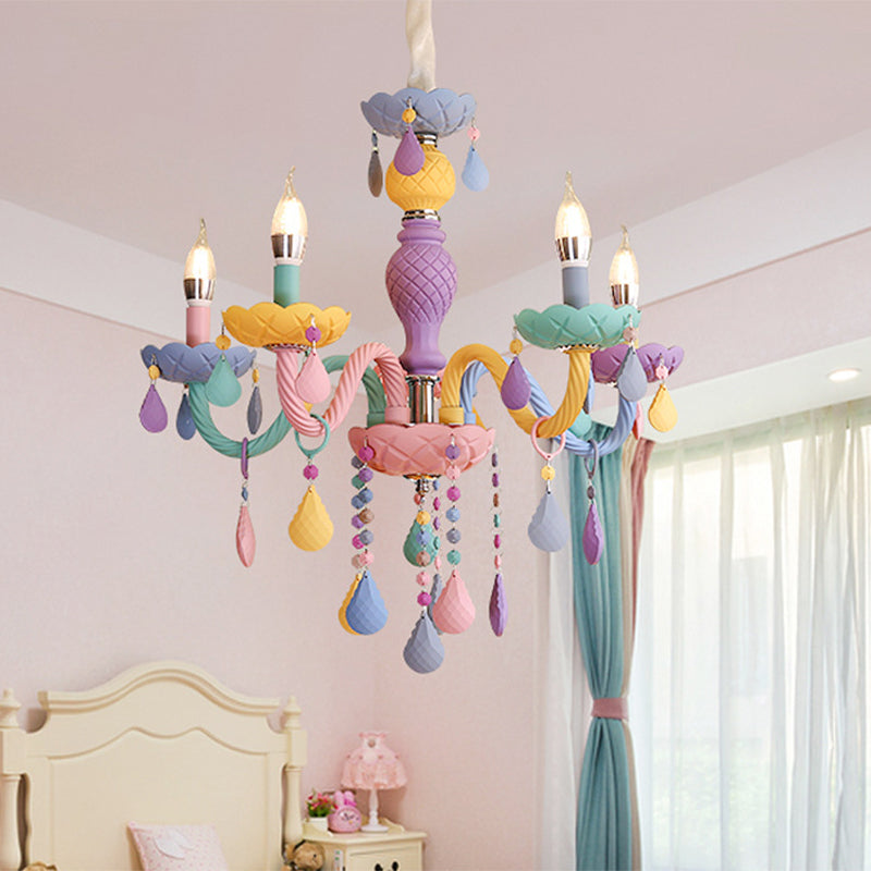 Candelabra Ceiling Chandelier Macaron Colorful Glass Kids Bedroom Pendant Light in Purple 5 Purple Clearhalo 'Ceiling Lights' 'Chandeliers' Lighting' 2384622