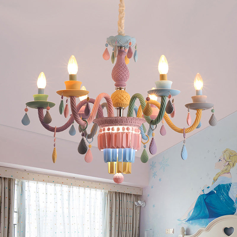 Candelabra Ceiling Chandelier Macaron Colorful Glass Kids Bedroom Pendant Light in Purple Clearhalo 'Ceiling Lights' 'Chandeliers' Lighting' 2384623