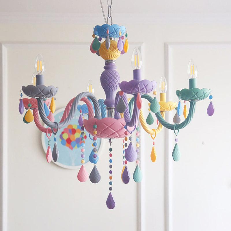 Candelabra Ceiling Chandelier Macaron Colorful Glass Kids Bedroom Pendant Light in Purple Clearhalo 'Ceiling Lights' 'Chandeliers' Lighting' 2384625