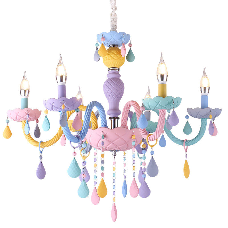 Candelabra Ceiling Chandelier Macaron Colorful Glass Kids Bedroom Pendant Light in Purple Clearhalo 'Ceiling Lights' 'Chandeliers' Lighting' 2384627