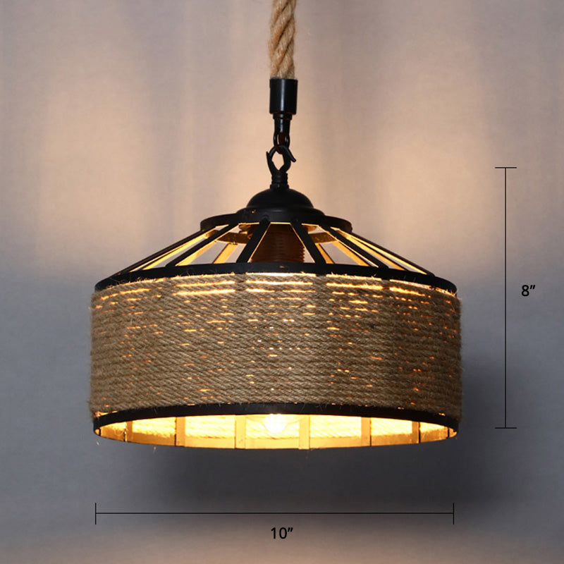 Conical Cage Restaurant Hanging Light Farmhouse Hemp Rope 1 Bulb Brown Drop Pendant Brown 10