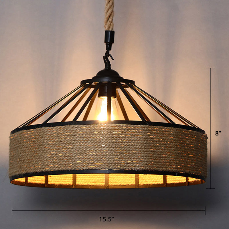 Conical Cage Restaurant Hanging Light Farmhouse Hemp Rope 1 Bulb Brown Drop Pendant Brown 16