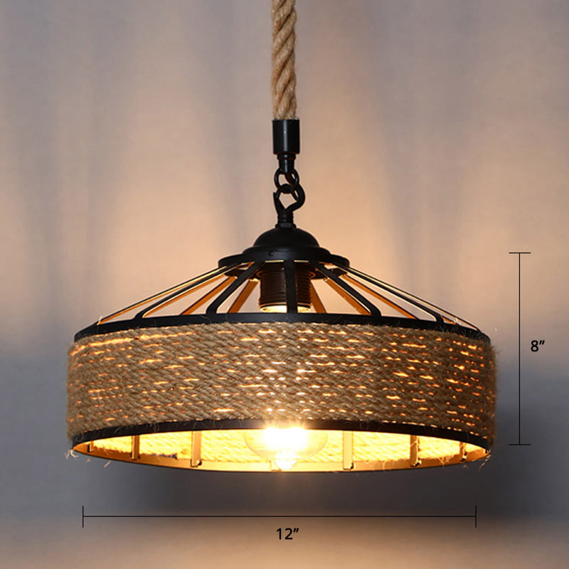 Conical Cage Restaurant Hanging Light Farmhouse Hemp Rope 1 Bulb Brown Drop Pendant Brown 12